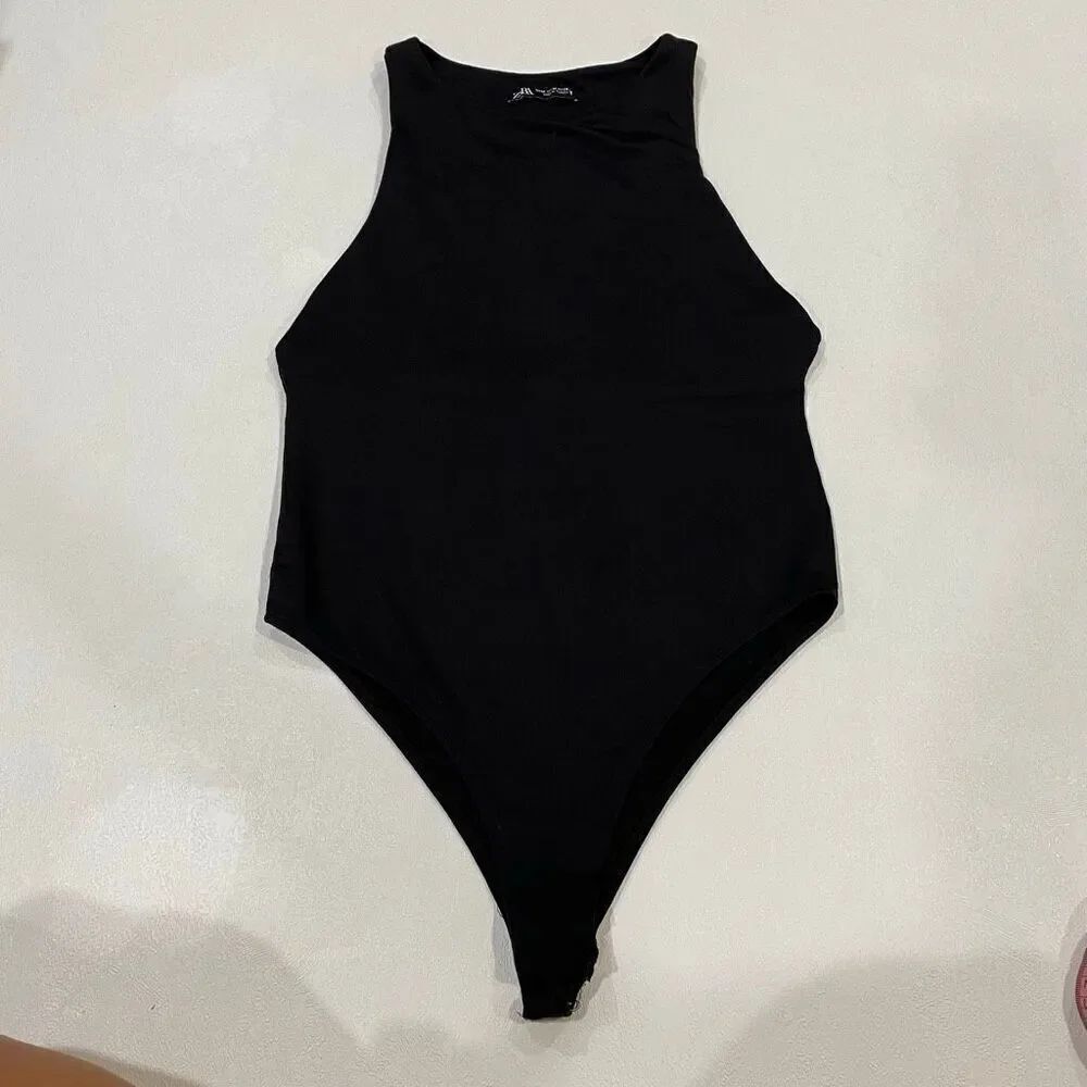 Zara Black Bodysuit High Neck Sleeveless Thong Style Size Medium